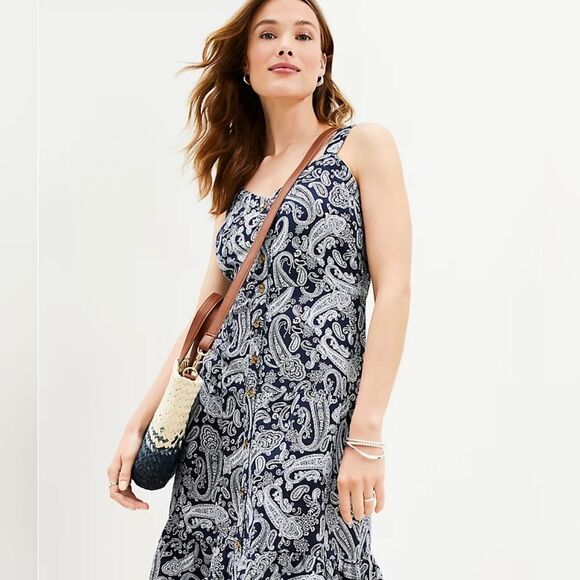 LOFT Blue Paisley Linen Blend Button Front Summer Dress Size 6 - Picture 2 of 11
